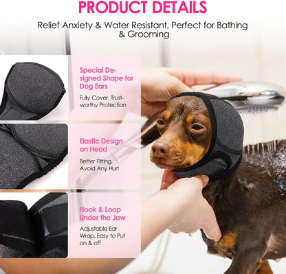 Grey KOESON dog snood noise reduction wrap applied for thunderstorm comfort