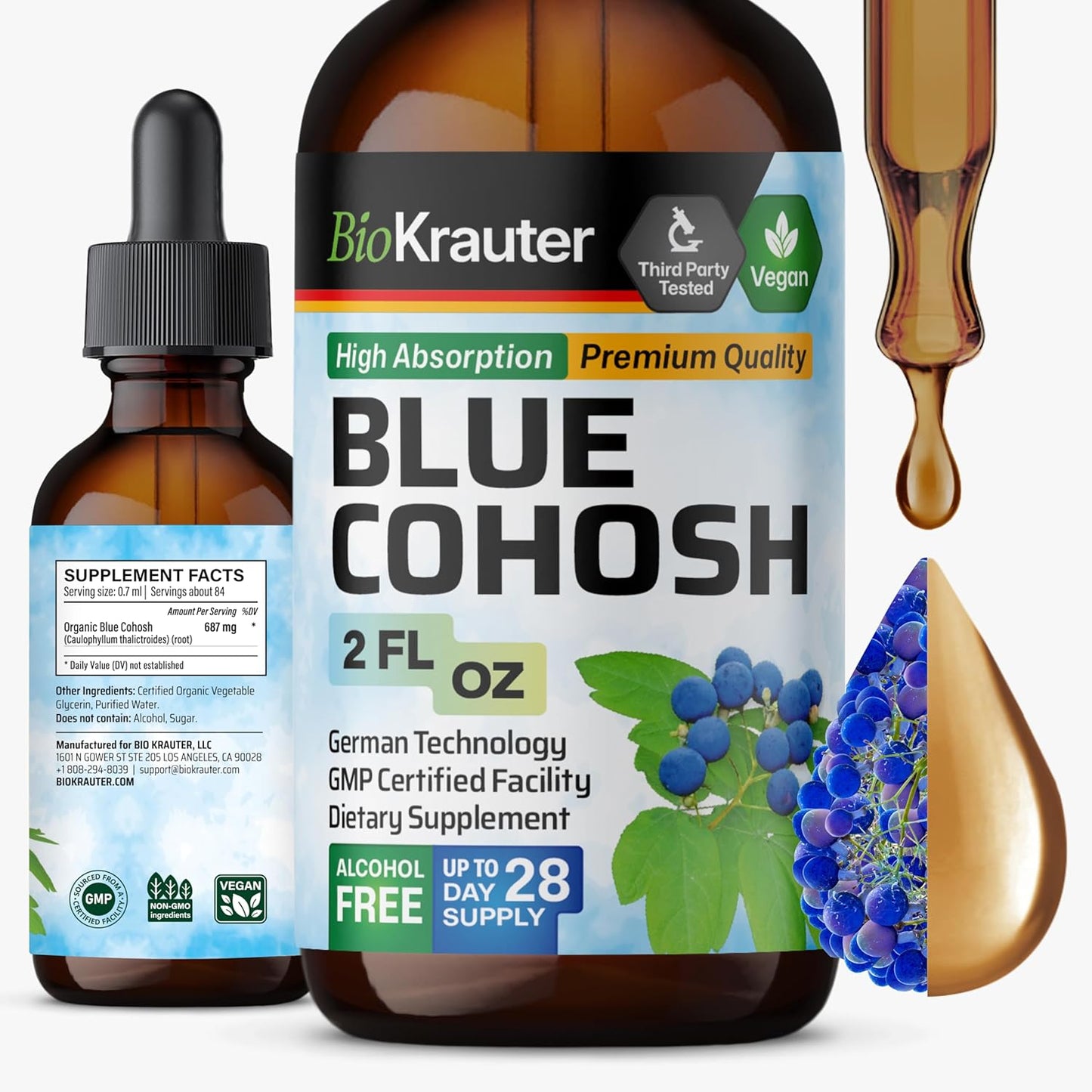 Bio Krauter Blue Cohosh Tincture front view for menopause support