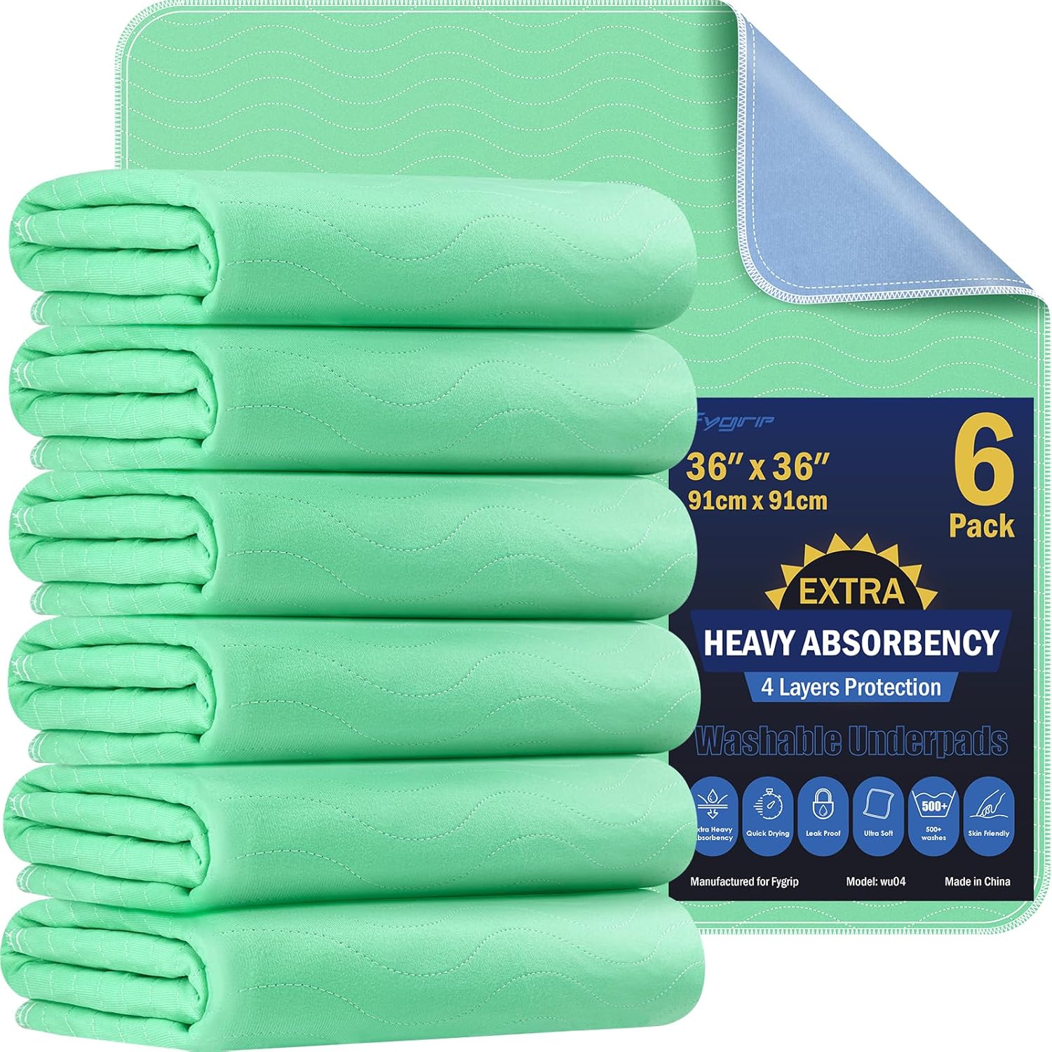FYGRIP 4 Pack 36" x 36" Extra Heavy Absorbency Washable Underpads, Waterproof Quick Drying Nursing Incontinence Reusable Washable Bed Pee Pads for Dogs, Diaper Changing & Adults, Green - Image 8