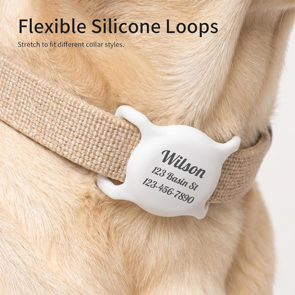 Premium imported pet collar tracker accessory layout featuring clean engraved lettering.