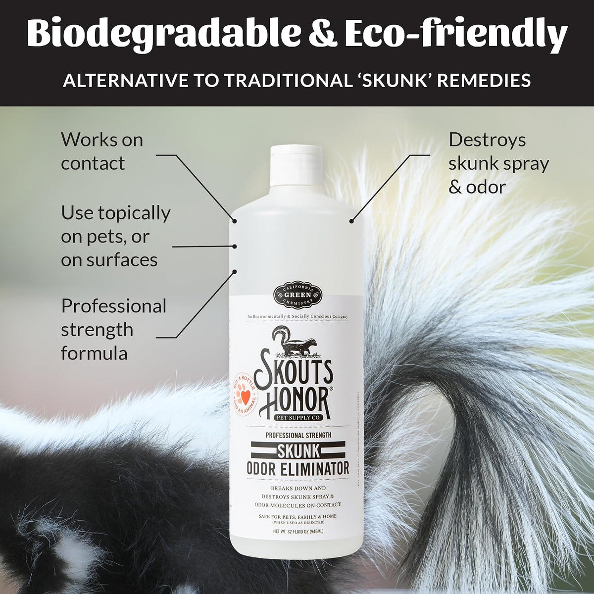 Cruelty free multi surface skunk smell eraser for indoor furniture and carpets
