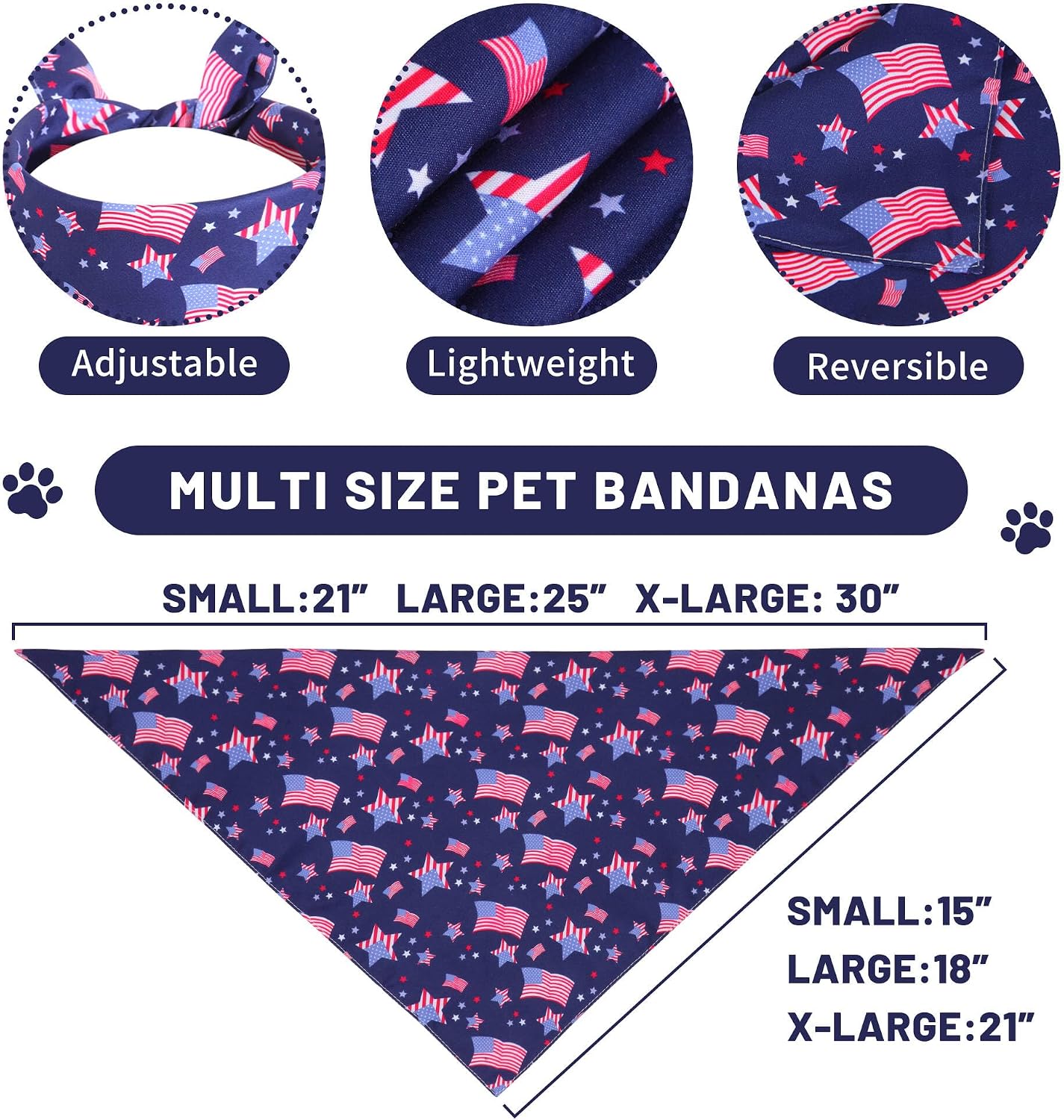 Two-pack premium patriotic pet scarves displayed flat showing the reversible dual-layer design details.