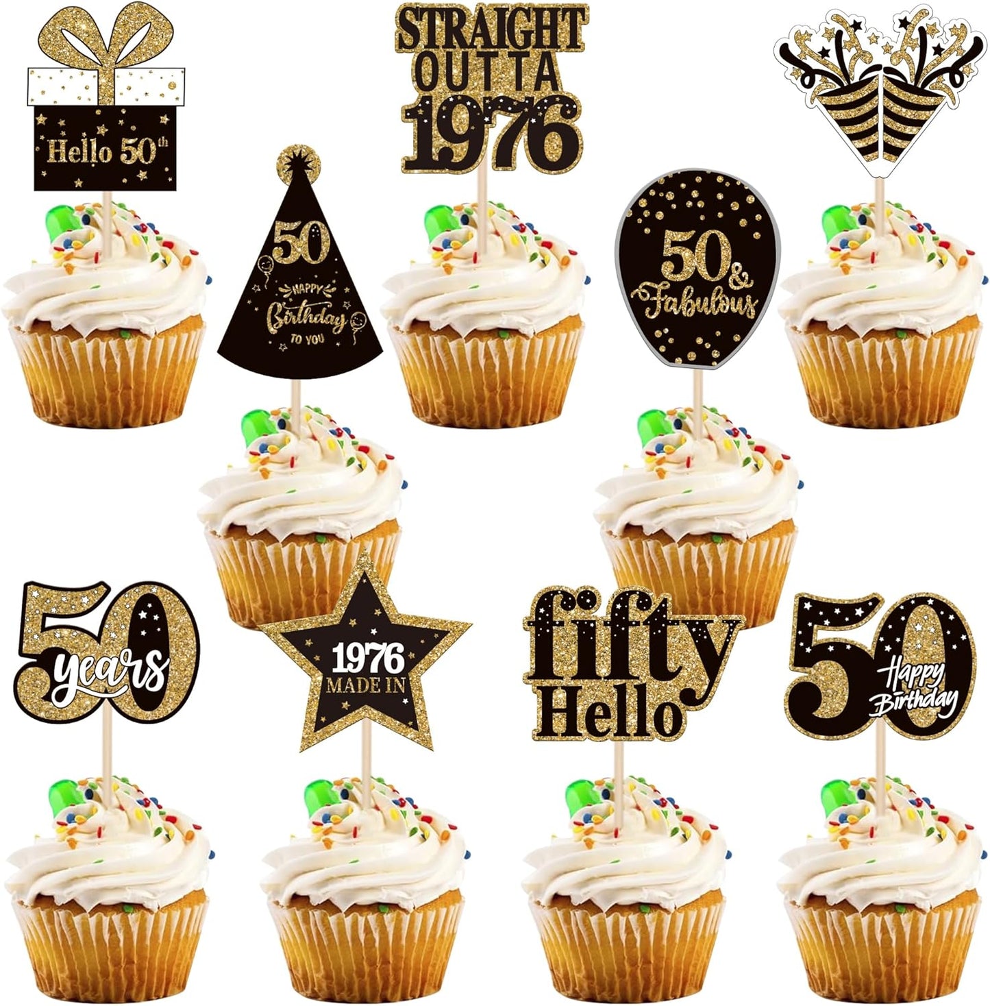 Zhuoweism 50th birthday cupcake toppers black and gold set front view