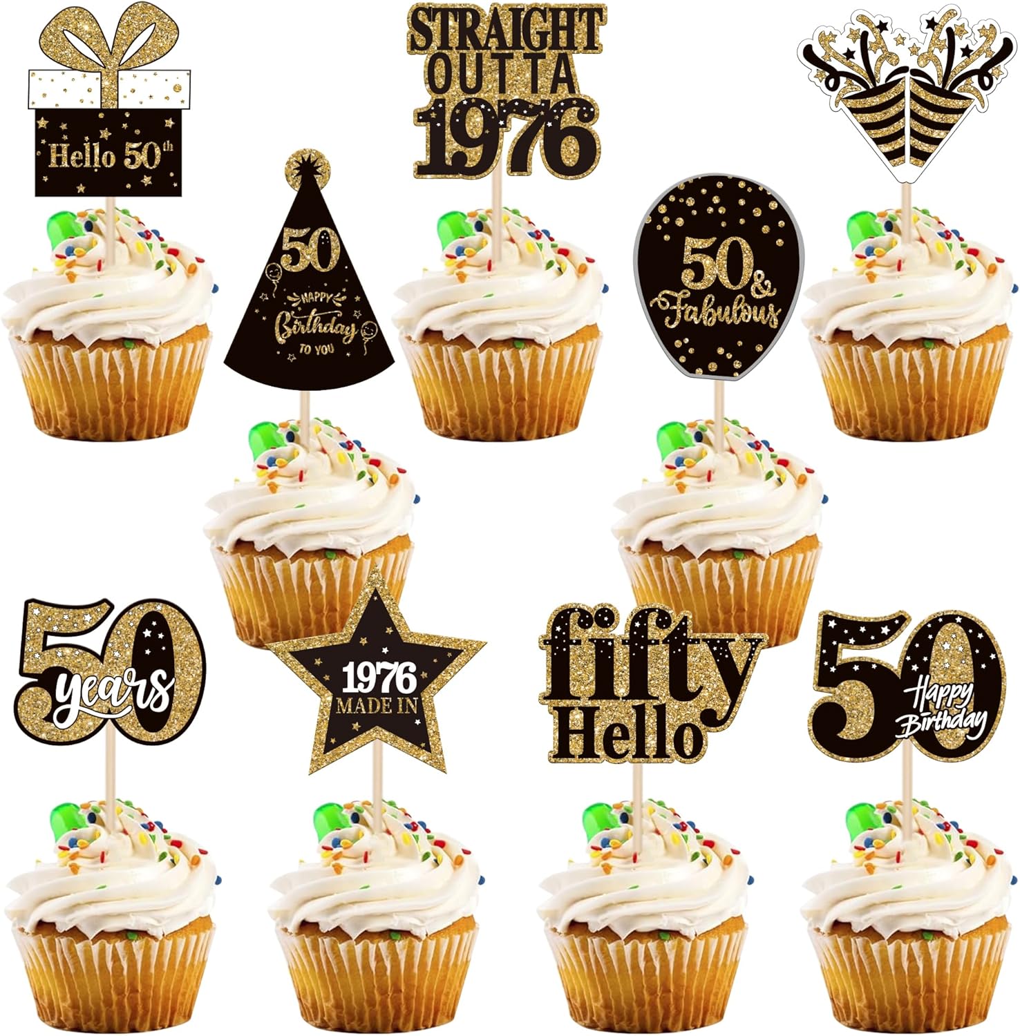 Zhuoweism 50th birthday cupcake toppers black and gold set front view