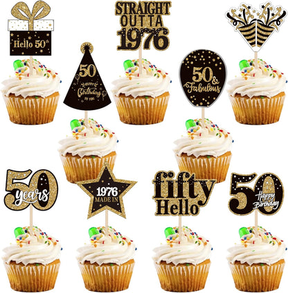 Zhuoweism 50th birthday cupcake toppers black and gold set front view