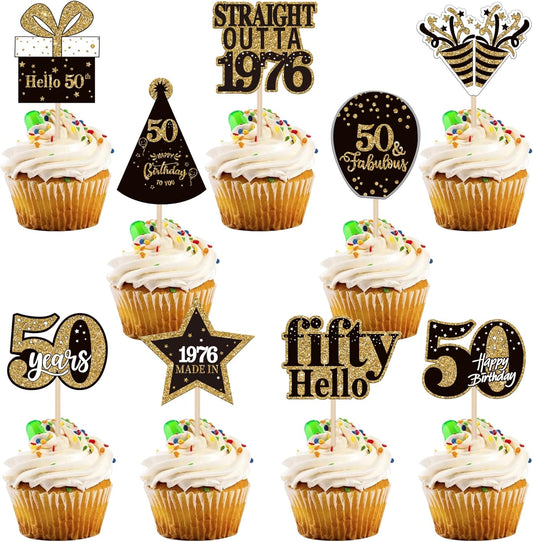 Zhuoweism 50th birthday cupcake toppers black and gold set front view