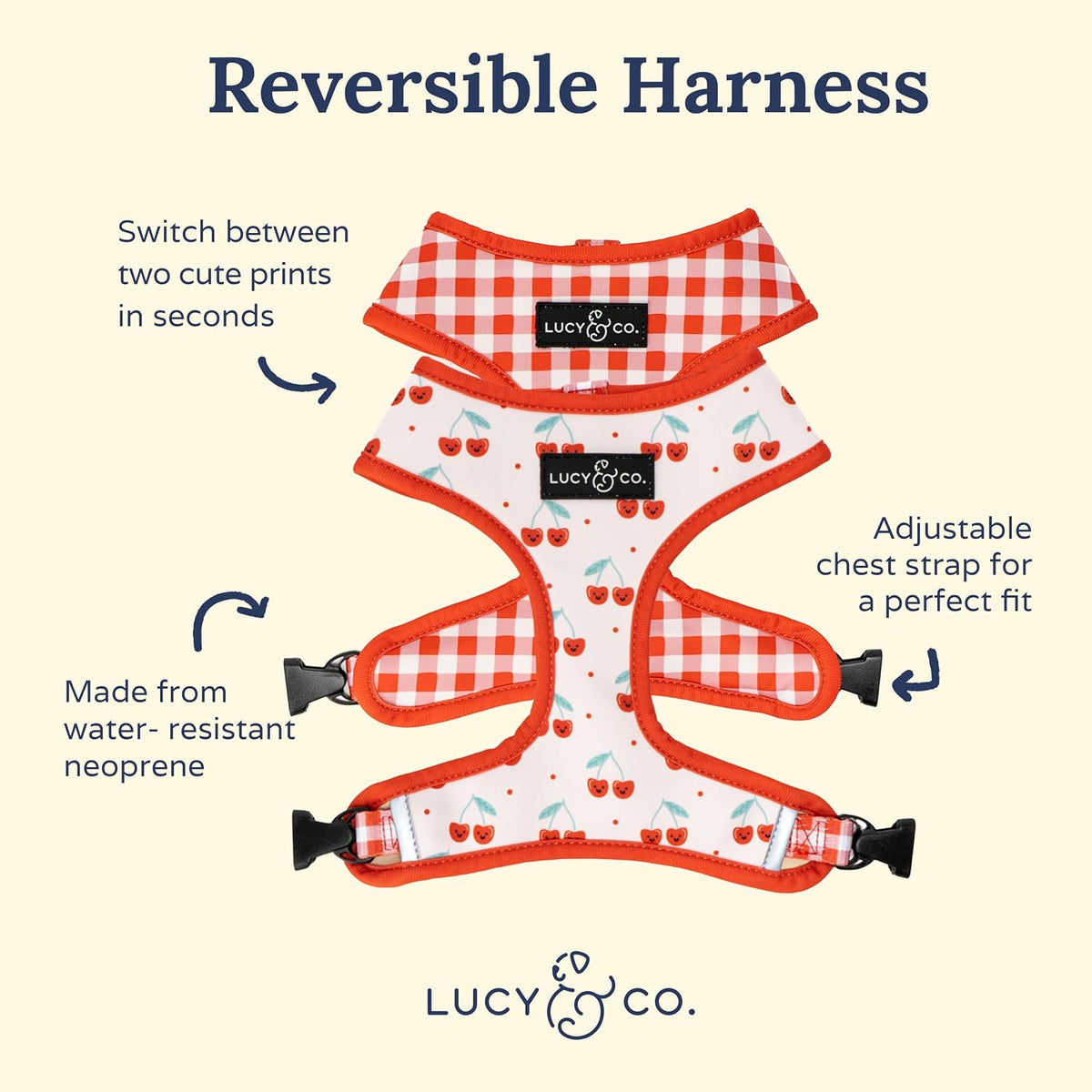 Adjustable chest strap and high quality buckle detail on Lucy and Co harness.