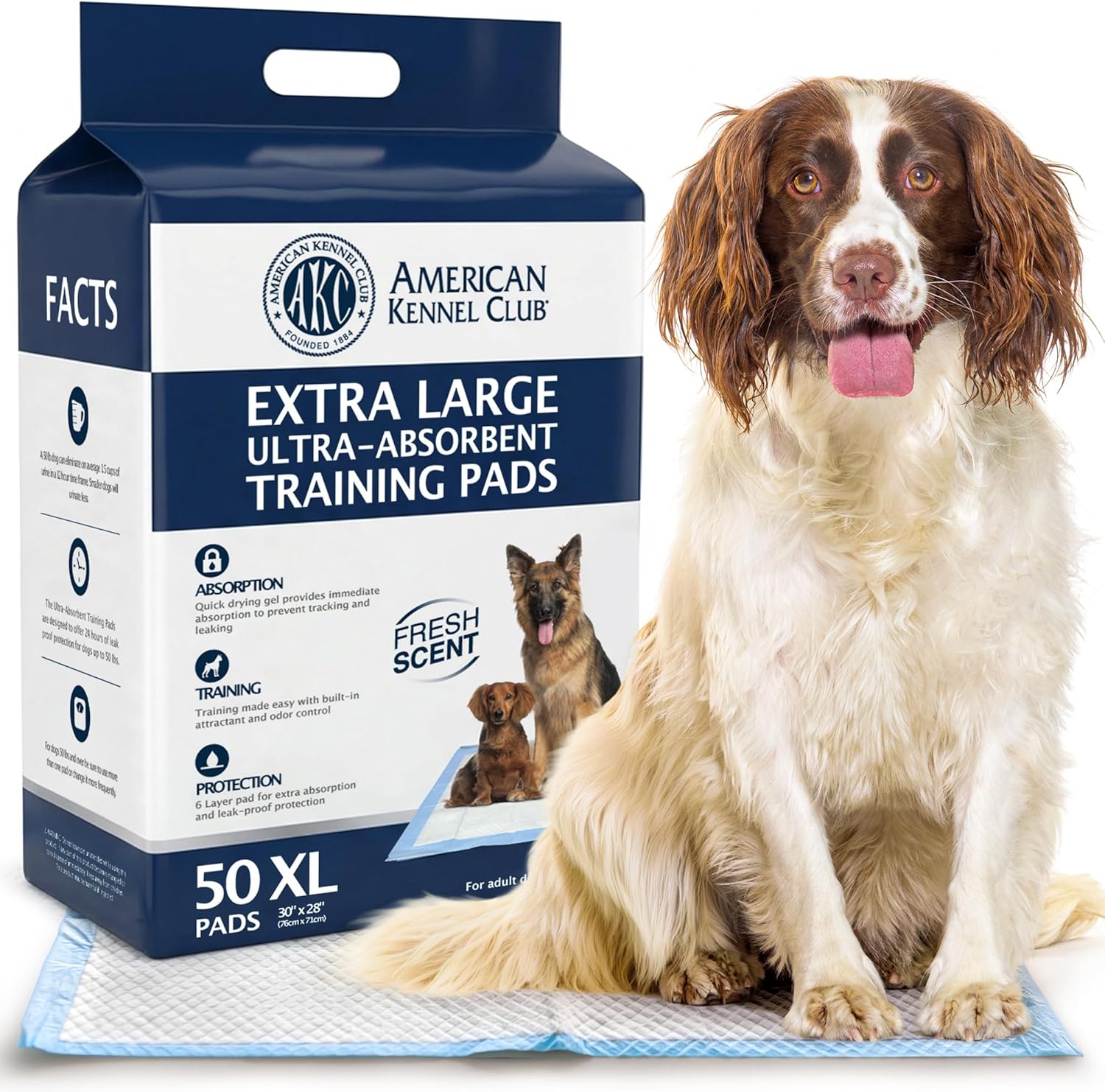 American Kennel Club Scented Puppy Training Pads front view pack of fifty extra large dog pee pads