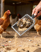 KOROI stainless steel chicken coop sifting rake showing the three point eight millimeter fine mesh.