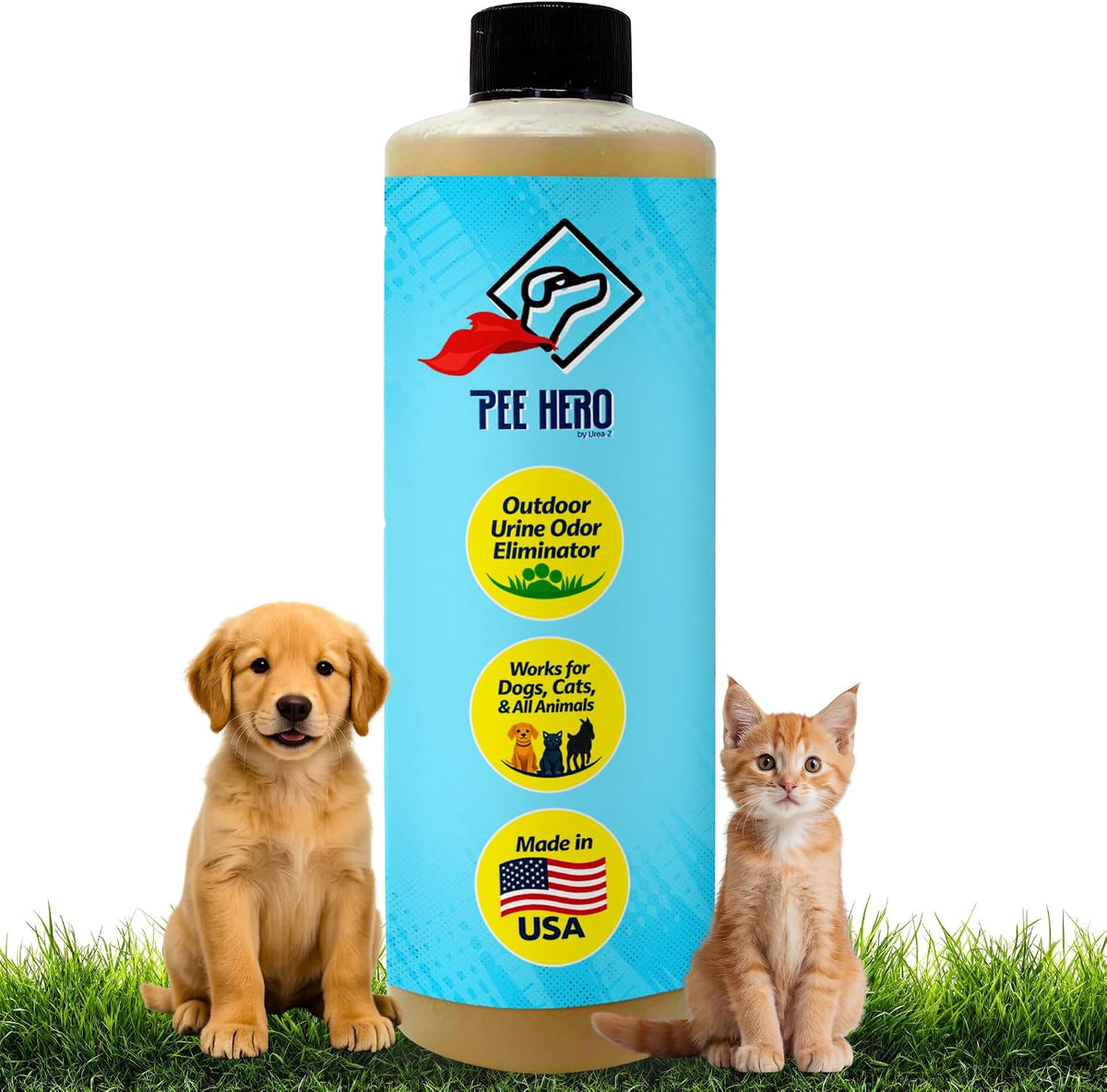 Urea-Z Pee Hero Dog Turf Cleaner front view bottle of outdoor pet urine odor eliminator concentrate.