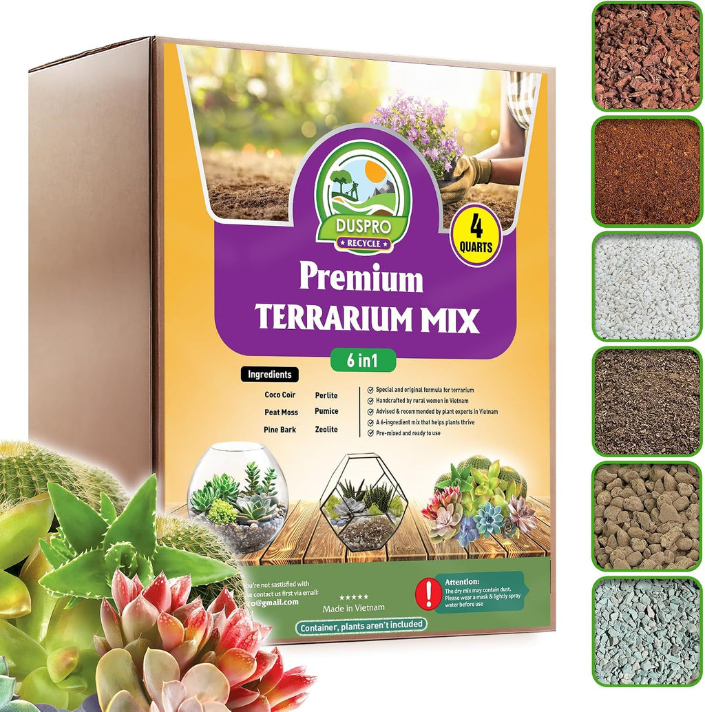 Duspro Premium Six In One Terrarium Soil Mix front view of the packaging box highlighting the premium substrate ingredients