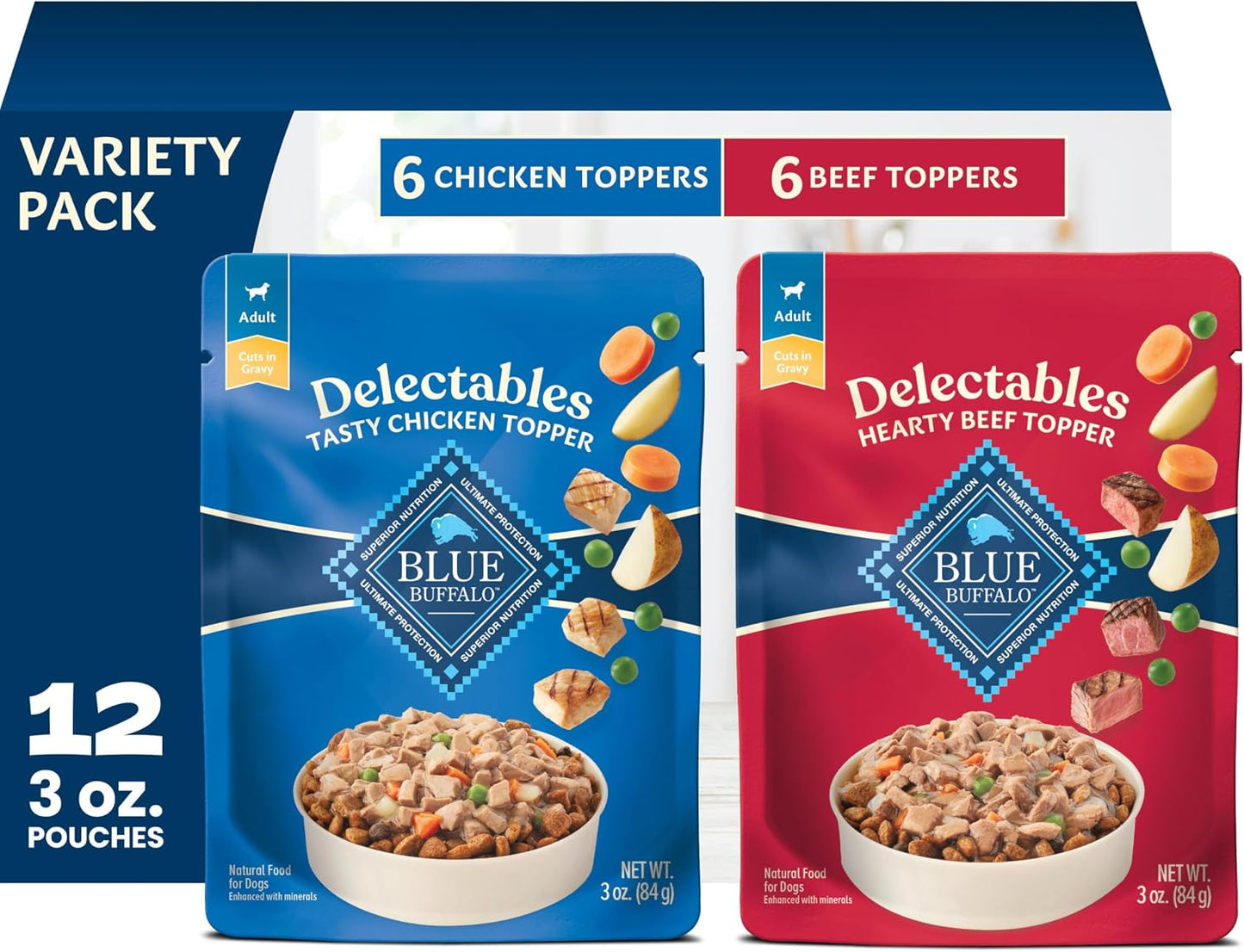 Blue Buffalo Delectables Variety Pack Natural Wet Dog Food Topper (Savory Lamb & Tender Turkey) Tender Cuts in Gravy with Natural Ingredients, Vitamins & Minerals, 3-oz. Each (12 Pouches) - Image 11