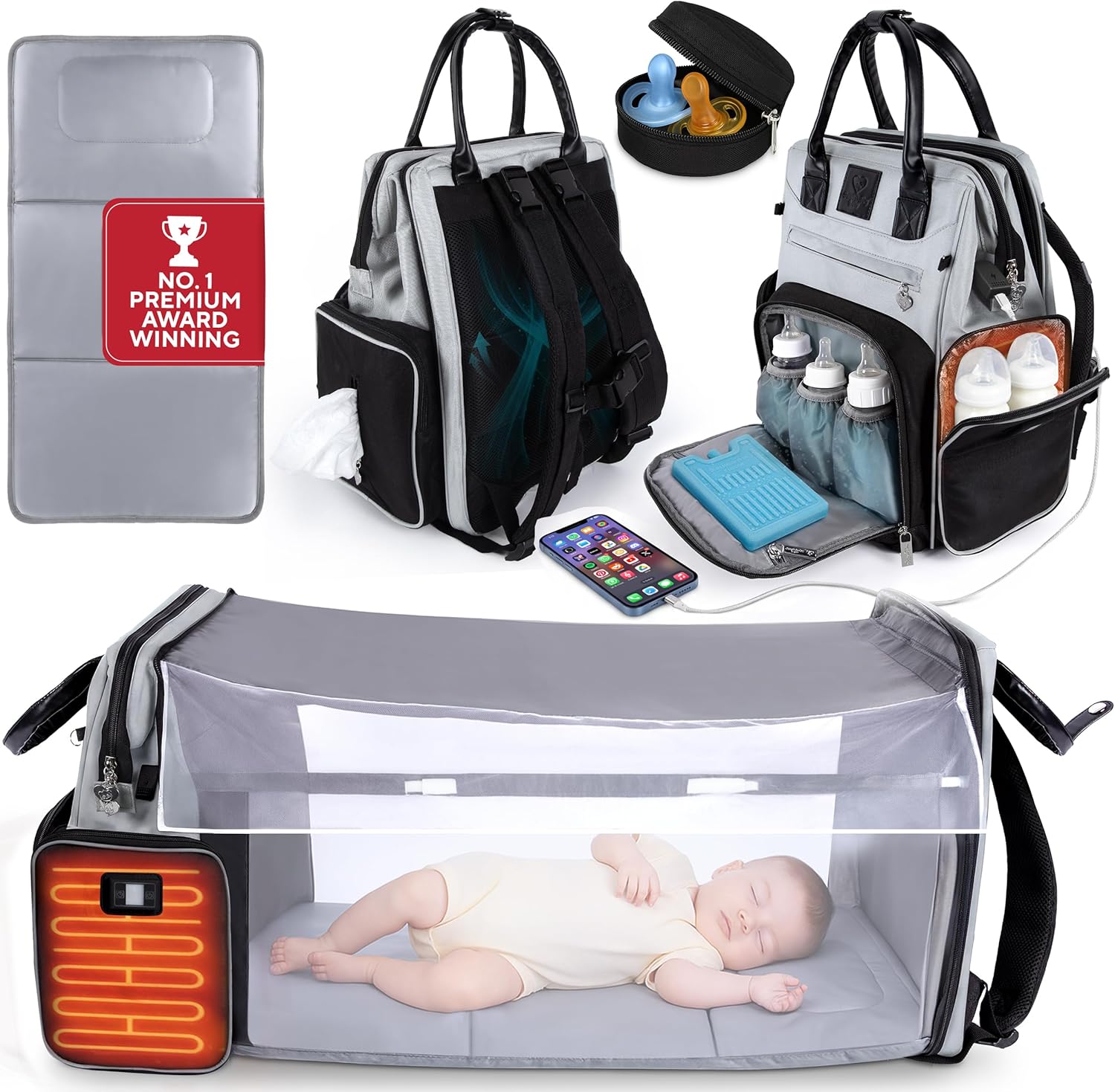 JustBaby Luv Smart Diaper Bag Backpack front view in black premium nylon material.
