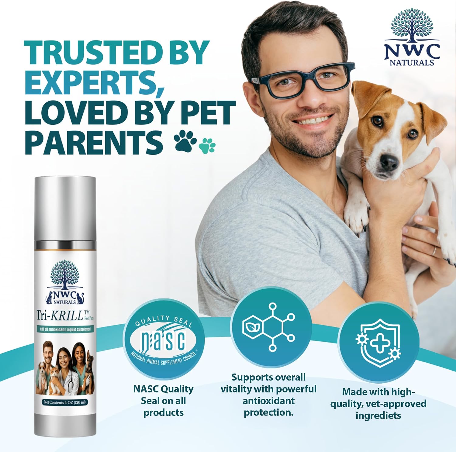 NWC Naturals Tri-Krill pet pump dispenser highlighting the air-free vacuum mechanism