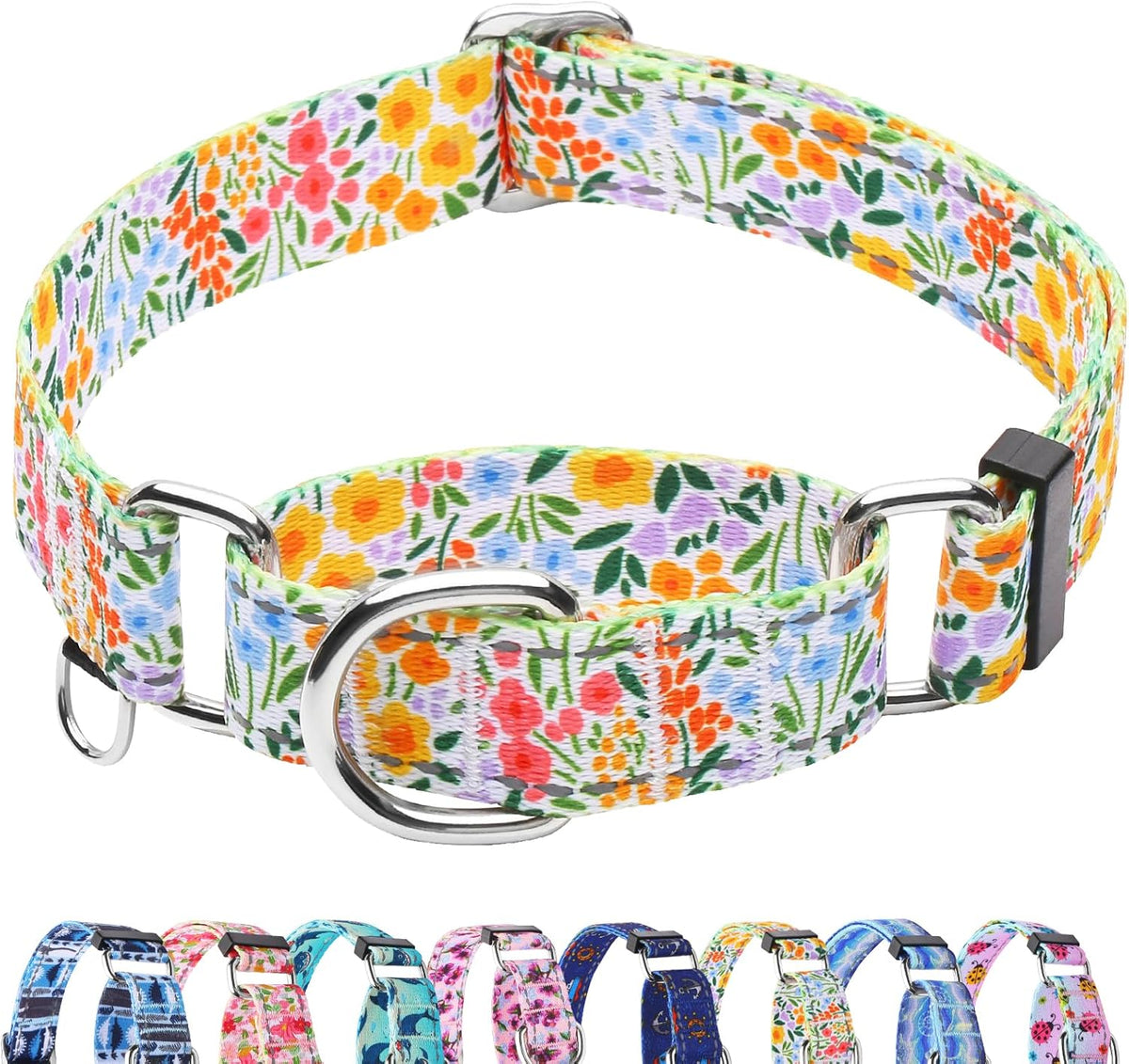 Fidohug reflective martingale collar yellow flower front view