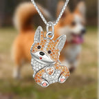 Cute cartoon dog pendant necklace with orange and white crystals