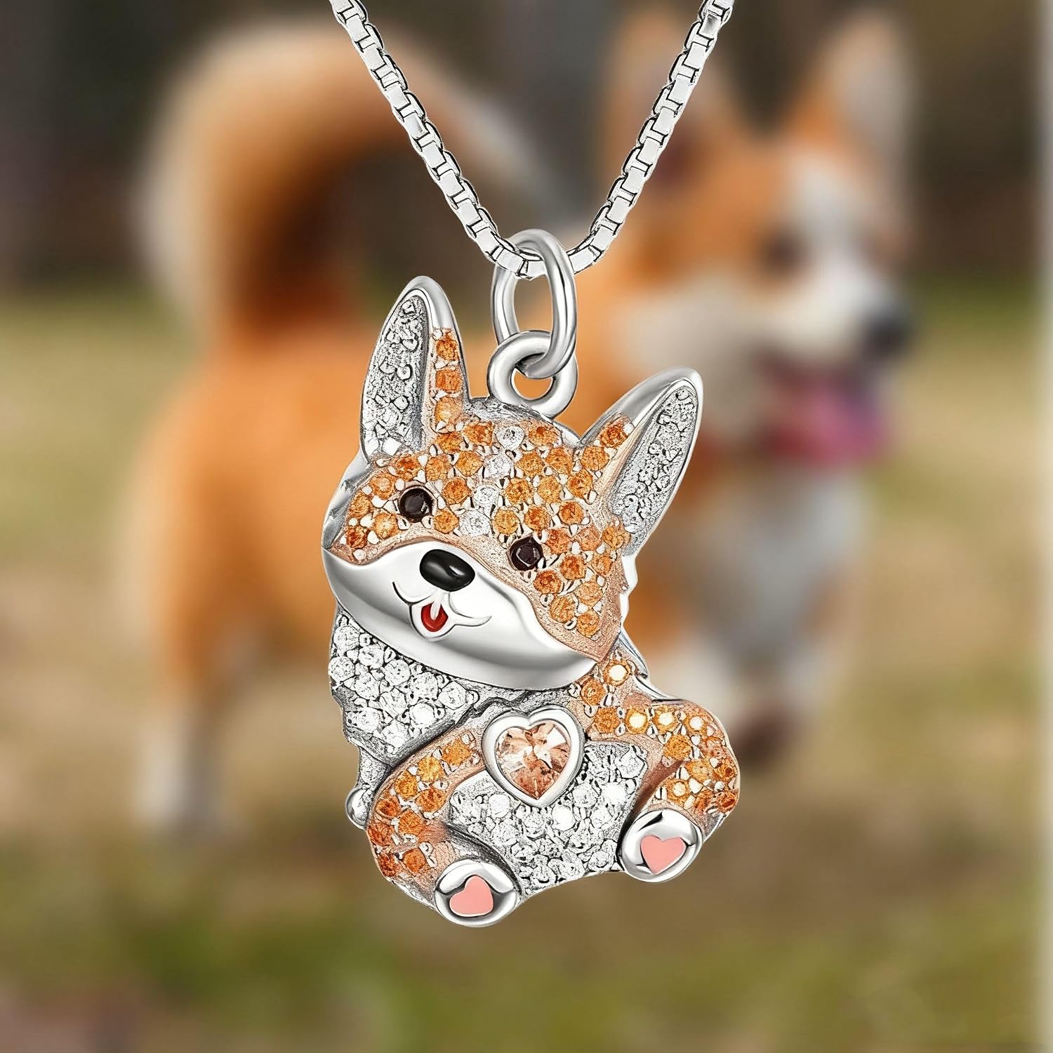 Cute cartoon dog pendant necklace with orange and white crystals