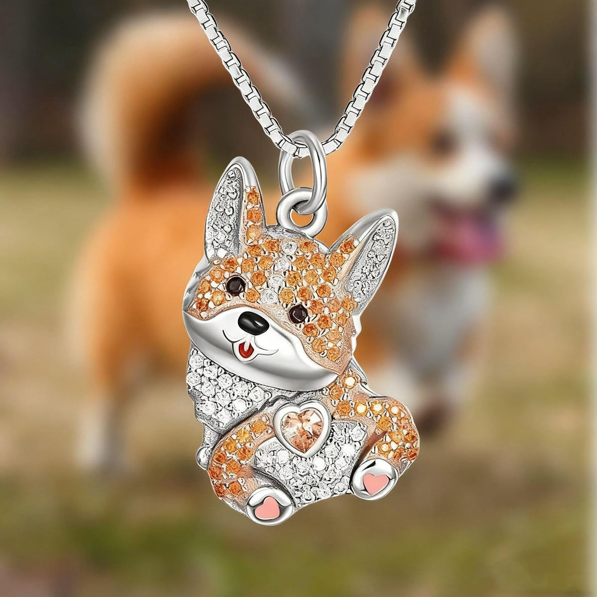 Cute cartoon dog pendant necklace with orange and white crystals