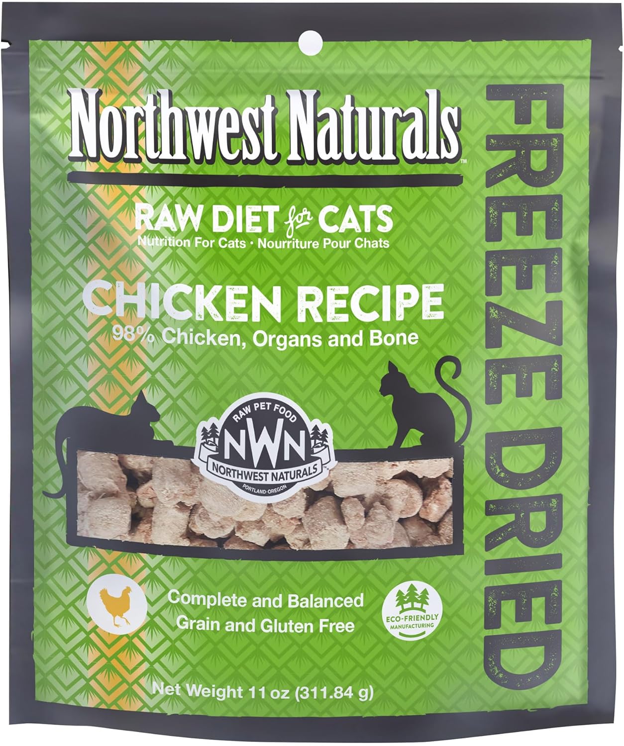 Shelf stable raw cat food bite sized pieces pouring out.