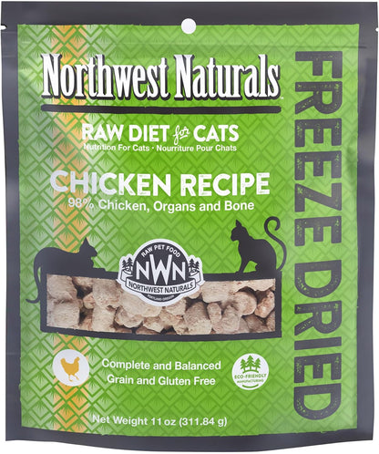 Shelf stable raw cat food bite sized pieces pouring out.