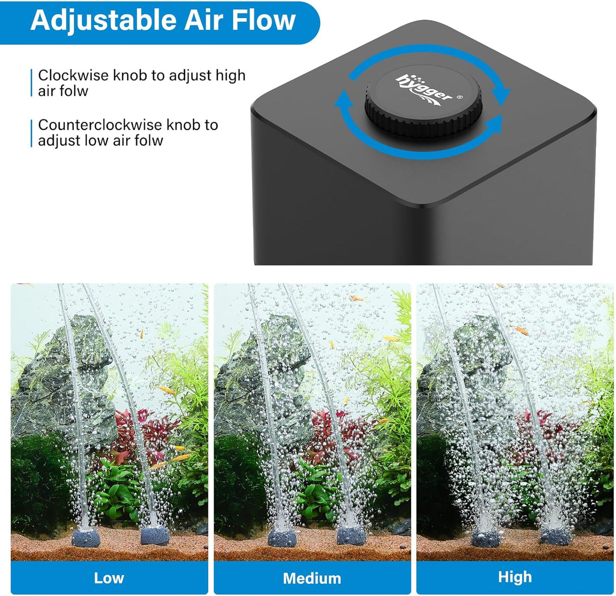 Hygger aquarium oxygen pump adjustment knob detail