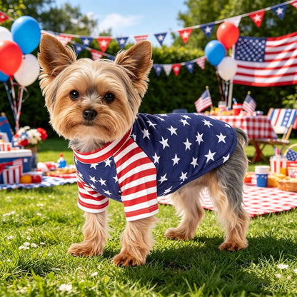 Small dog wearing 4th of July patriotic shirt
