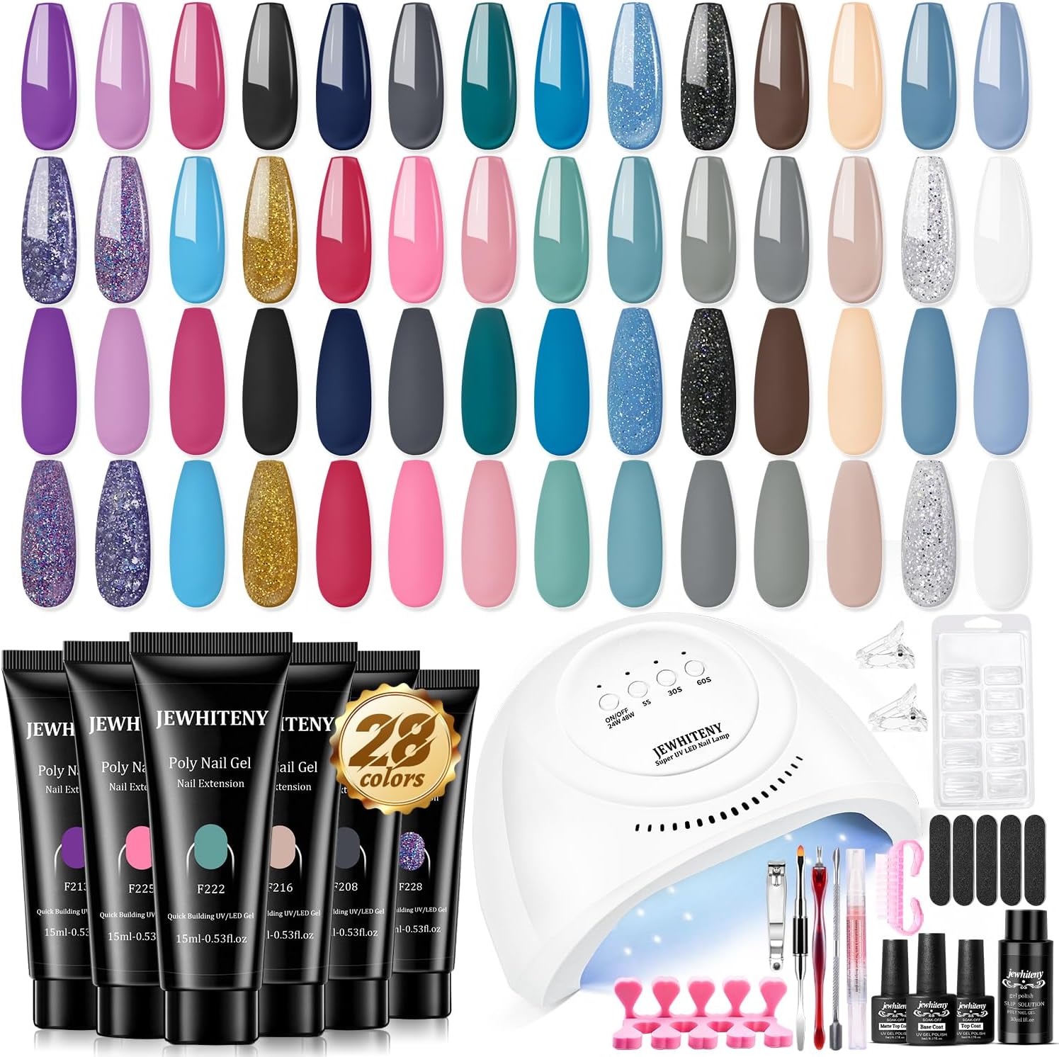 Jewhiteny 28 colors poly nail gel kit front view with lamp