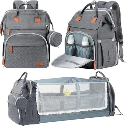 DERJUNSTAR baby diaper bag backpack front view in pale grey showcasing insulated bottle pockets.