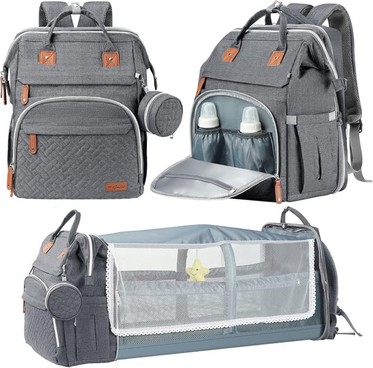 DERJUNSTAR baby diaper bag backpack front view in pale grey showcasing insulated bottle pockets.