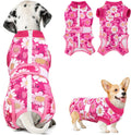 Nasjac dog surgery recovery suit front view daisy print cone alternative.
