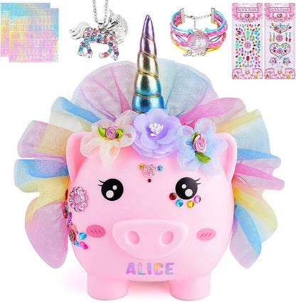 Play Tailor large unicorn piggy bank front view displaying pink body and rainbow dress.