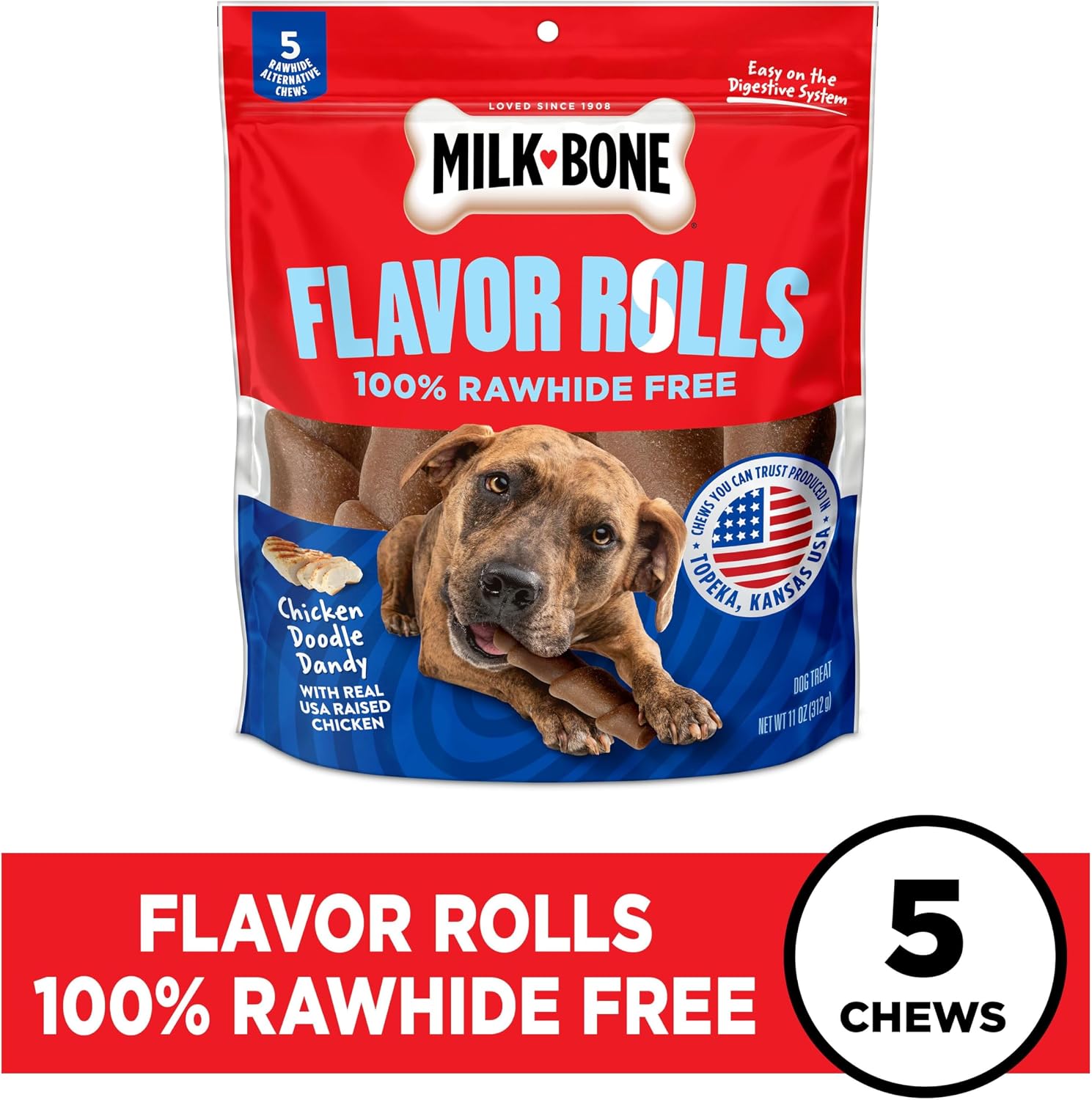 Back of Milk-Bone Flavor Rolls package showing ingredient list and feeding instructions