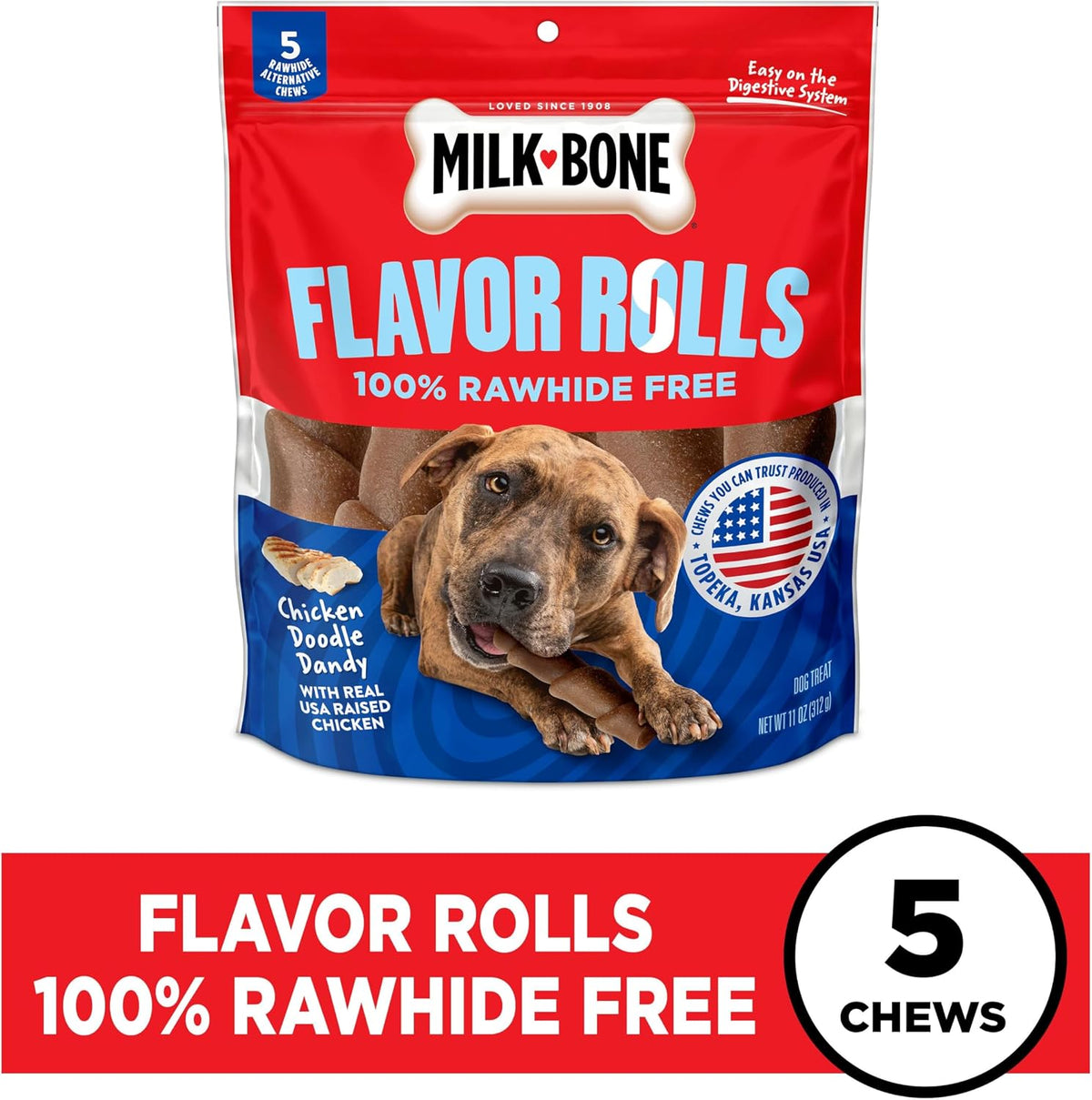 Back of Milk-Bone Flavor Rolls package showing ingredient list and feeding instructions