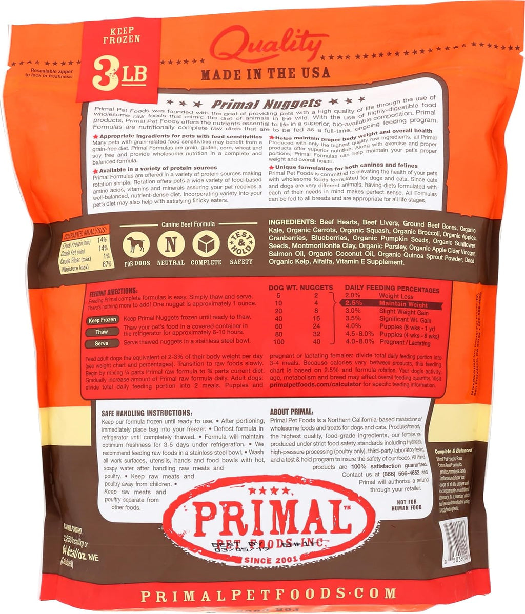 Primal raw frozen beef dog food nuggets ingredient highlights on packaging