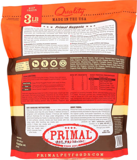 Close up of Primal Beef raw frozen dog food nuggets