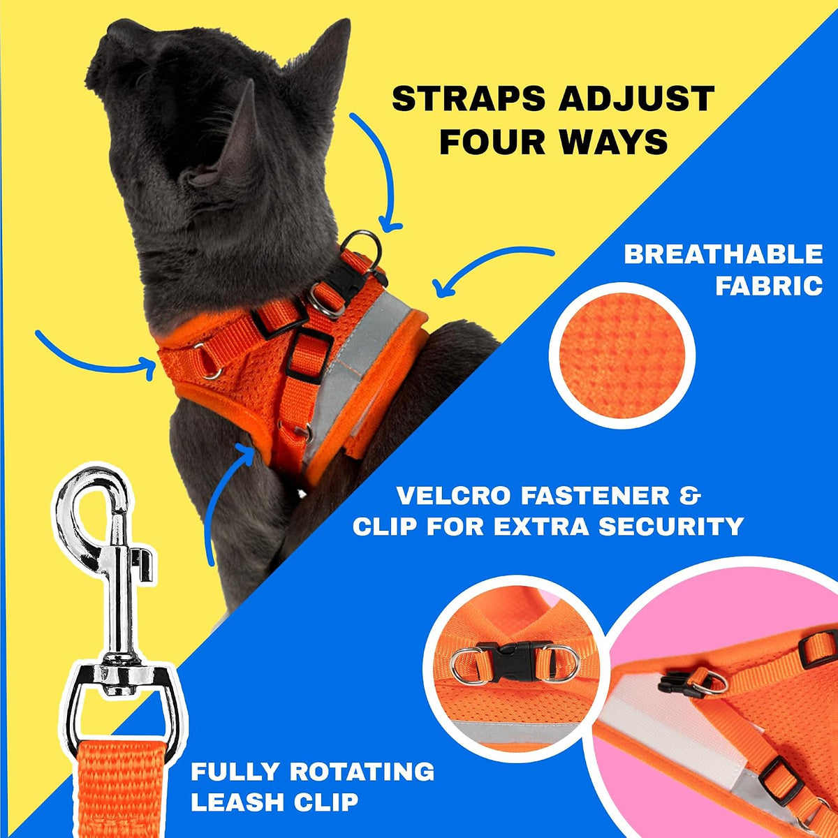 The Fat Cat small orange cat harness displayed flat showing breathable mesh material