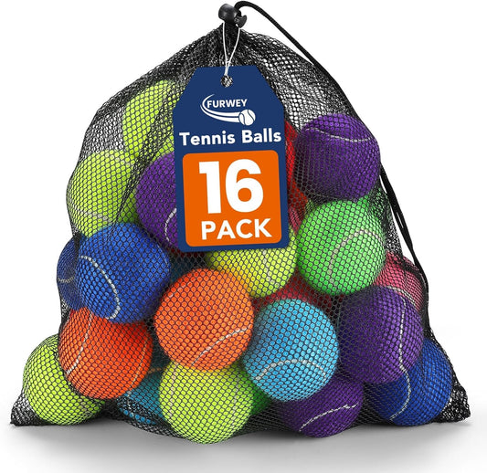 Furwey tennis balls for dogs 16 pack front view in mesh bag