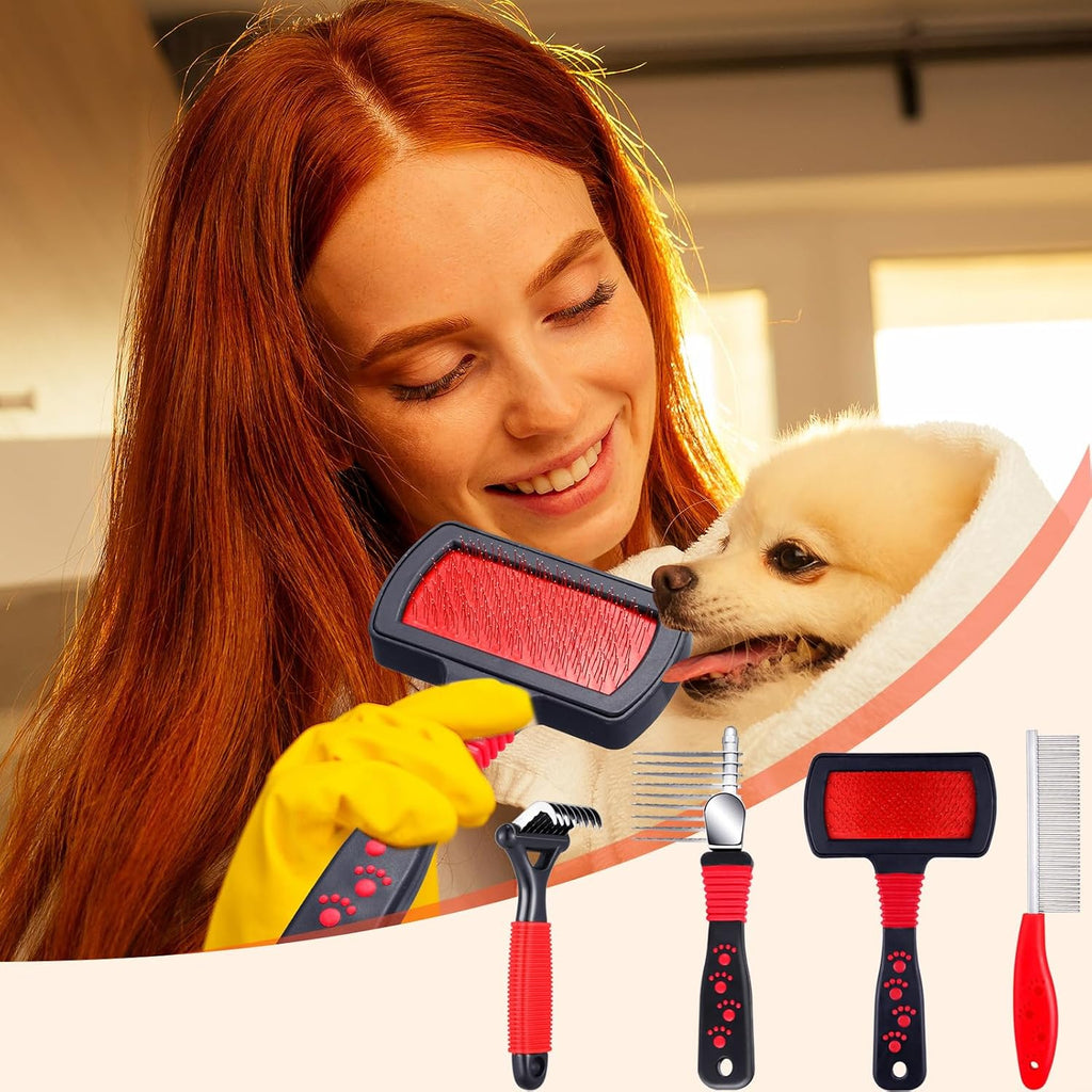 Patelai 4 piece cat and dog deshedding set demonstrating anti slip grip handles