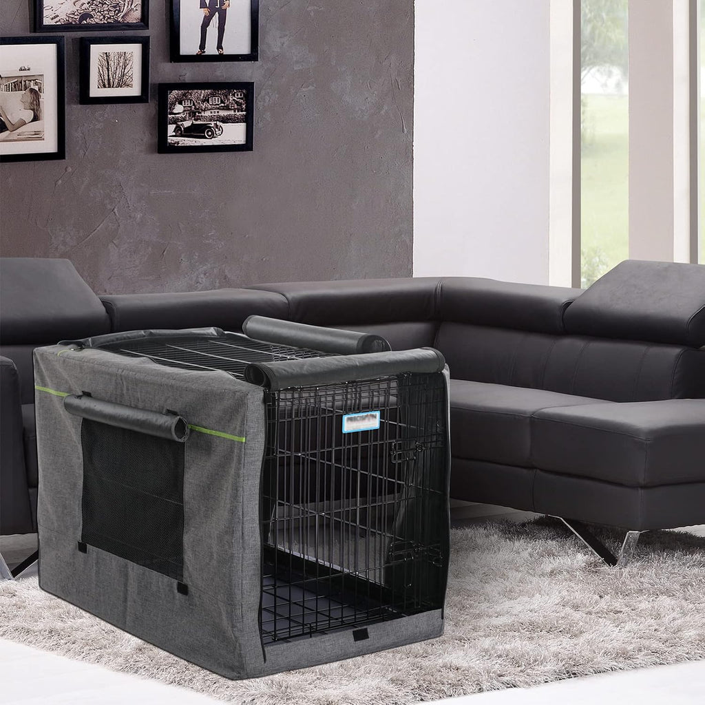Petsfit premium grey dog kennel cover creating a cozy interior den atmosphere