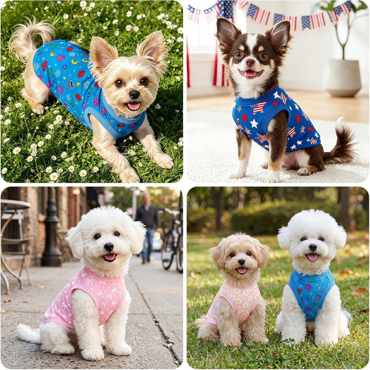 Small breed dog in comfortable patriotic holiday apparel