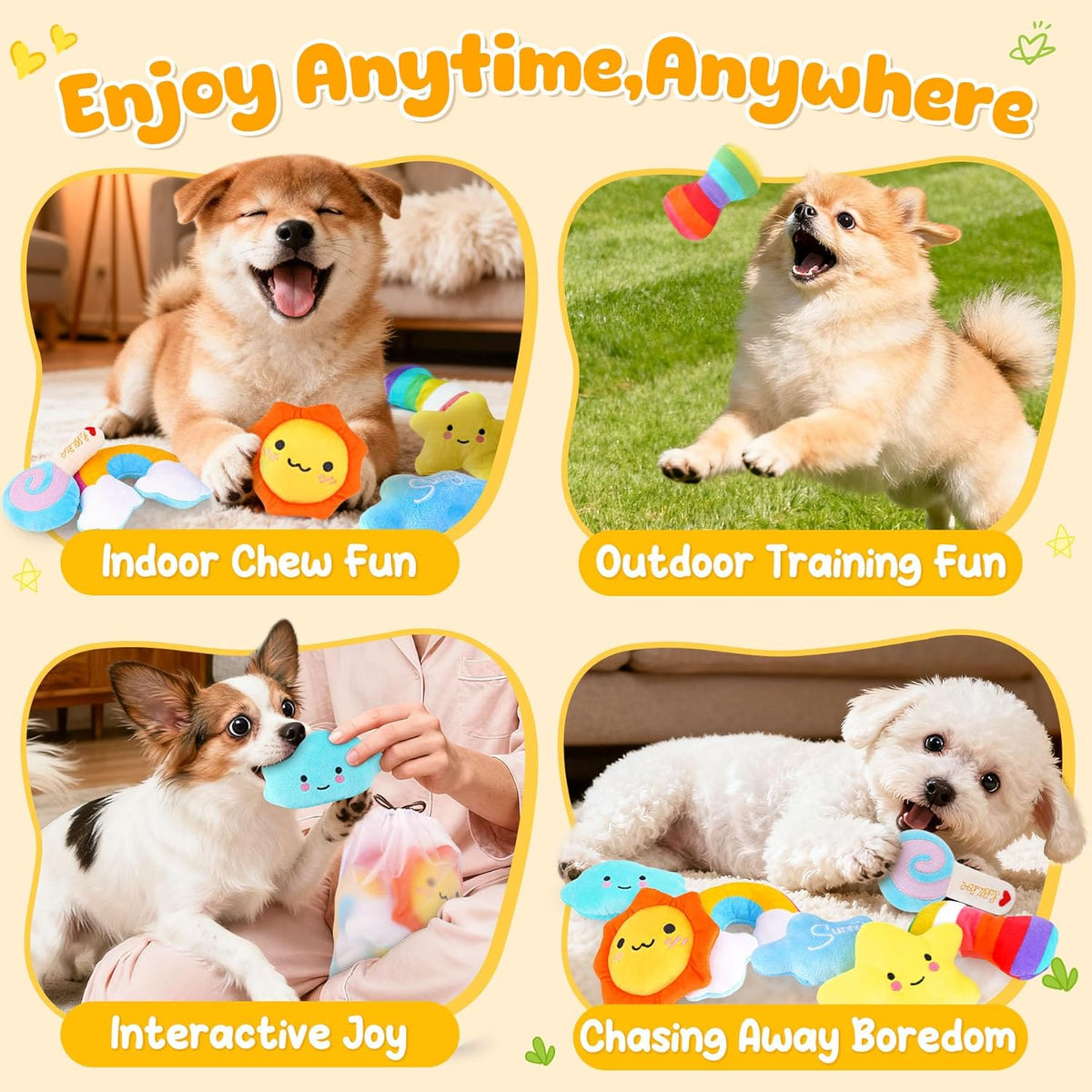 Sun and cloud shaped puppy squeak toys for active play