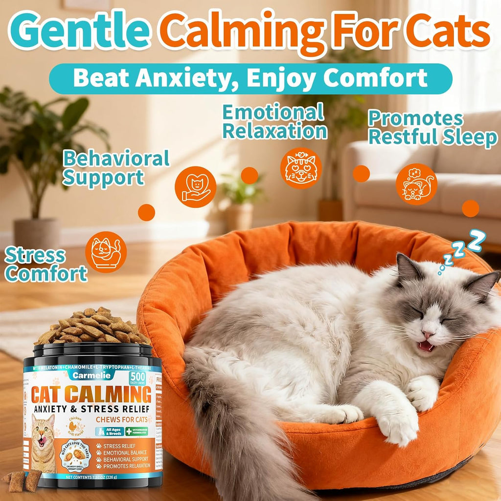 Carmelie cat anxiety relief treats showing the dual-texture chicken shell and krill center