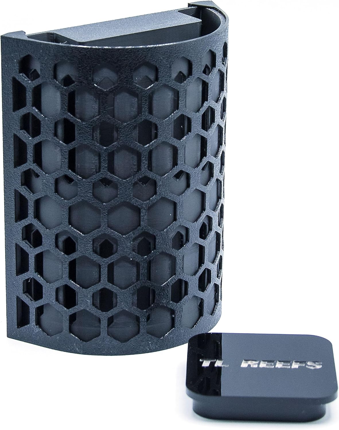TL Reefs Nori Nipper Magnetic Seaweed Feeder in black front view showing the honeycomb screen.