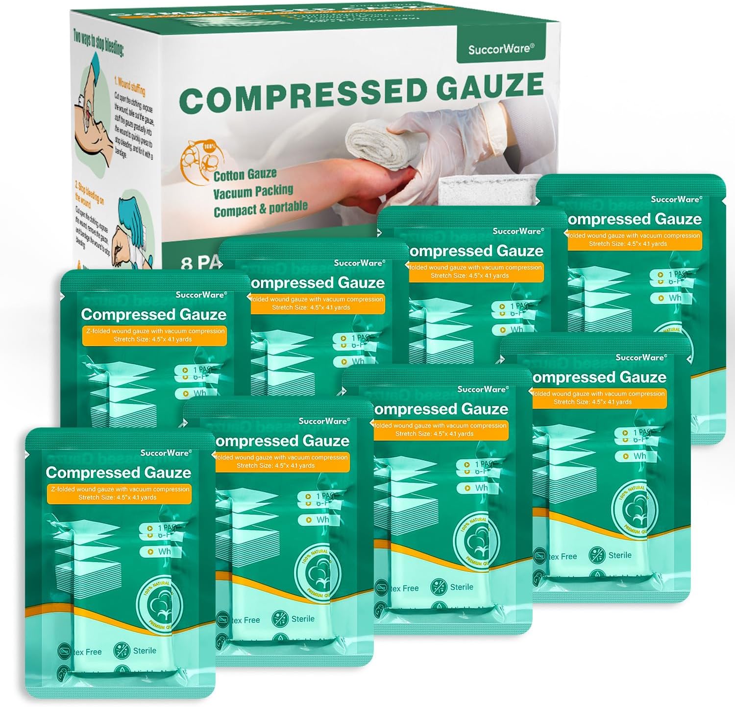 SuccorWare Sterile Compressed Gauze front view of the vacuum sealed 8 pack package for emergency medical kits.