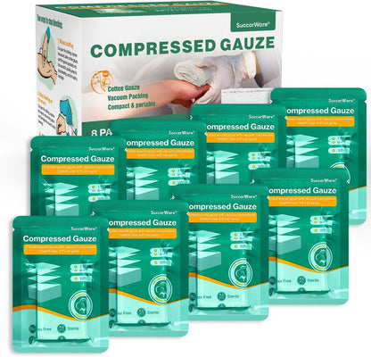 SuccorWare Sterile Compressed Gauze front view of the vacuum sealed 8 pack package for emergency medical kits.
