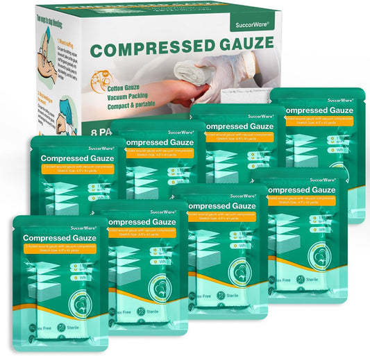 SuccorWare Sterile Compressed Gauze front view of the vacuum sealed 8 pack package for emergency medical kits.