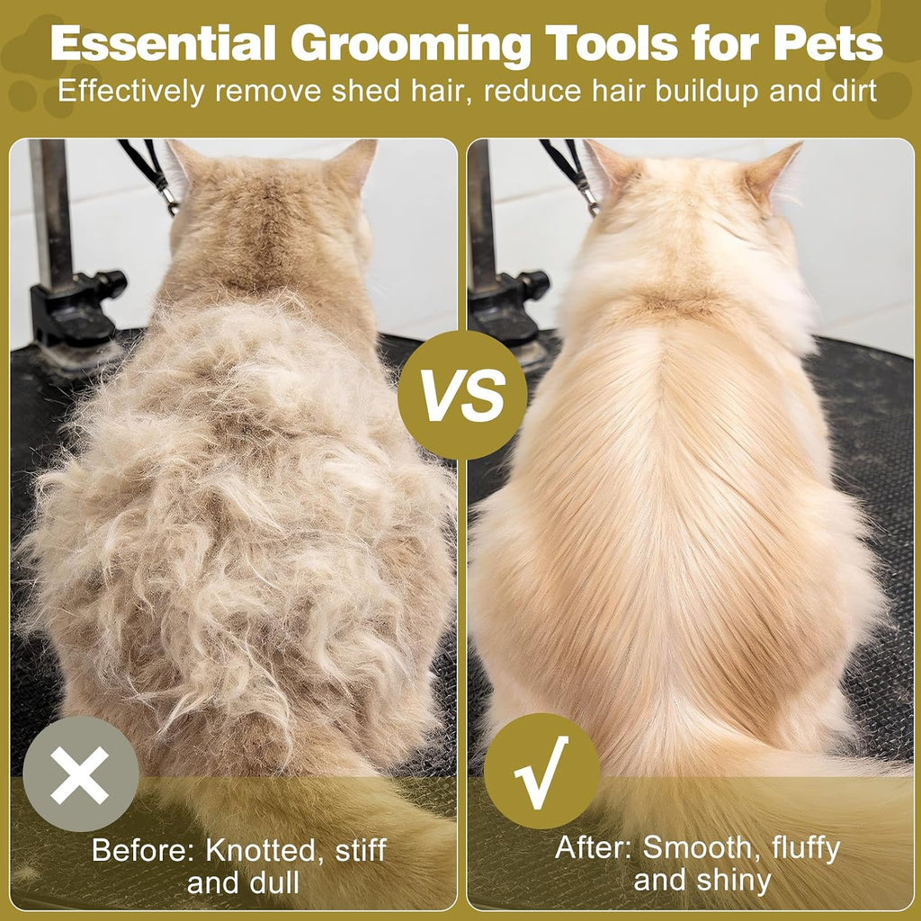 Ergonomic deshedding brush for dogs being held comfortably in hand.