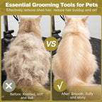Ergonomic deshedding brush for dogs being held comfortably in hand.