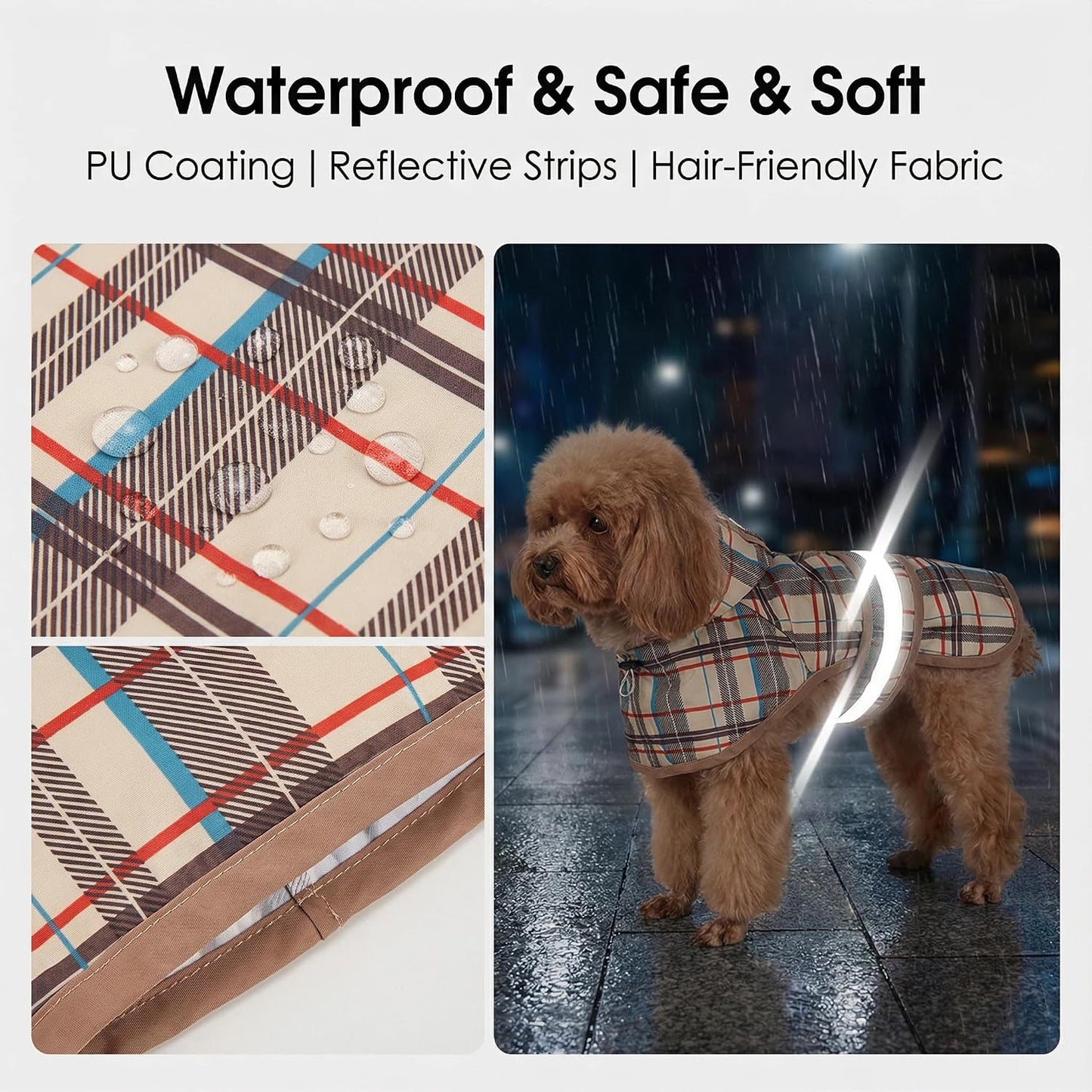 Premium imported pet monsoon gear highlighting the convenient leash hole attachment