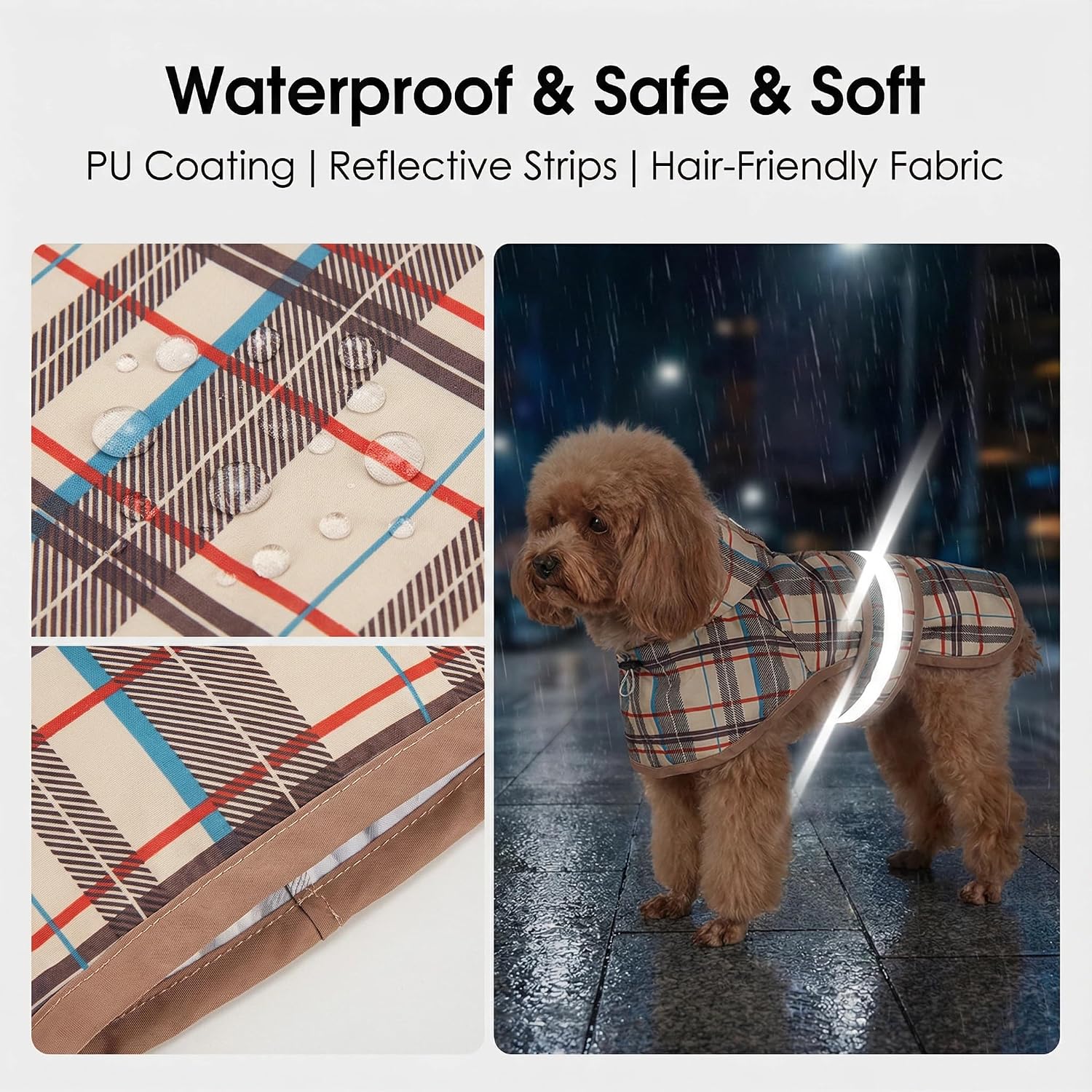 Premium imported pet monsoon gear highlighting the convenient leash hole attachment